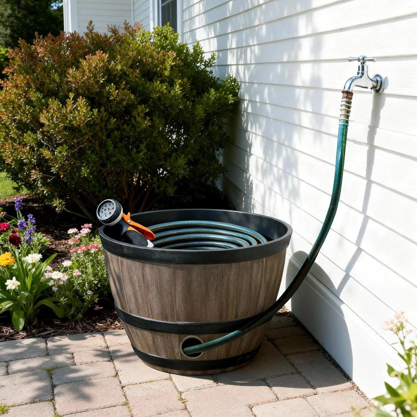 Whiskey Barrel Garden Hose Pot, 18"" Dia. x 12"" H, Walnut Brown – 100% Certified Recycled Resin Outdoor Water Hose Storage with Removable Drainage Plug, UV & Weather Resistant