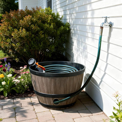 Whiskey Barrel Garden Hose Pot, 18"" Dia. x 12"" H, Walnut Brown – 100% Certified Recycled Resin Outdoor Water Hose Storage with Removable Drainage Plug, UV & Weather Resistant