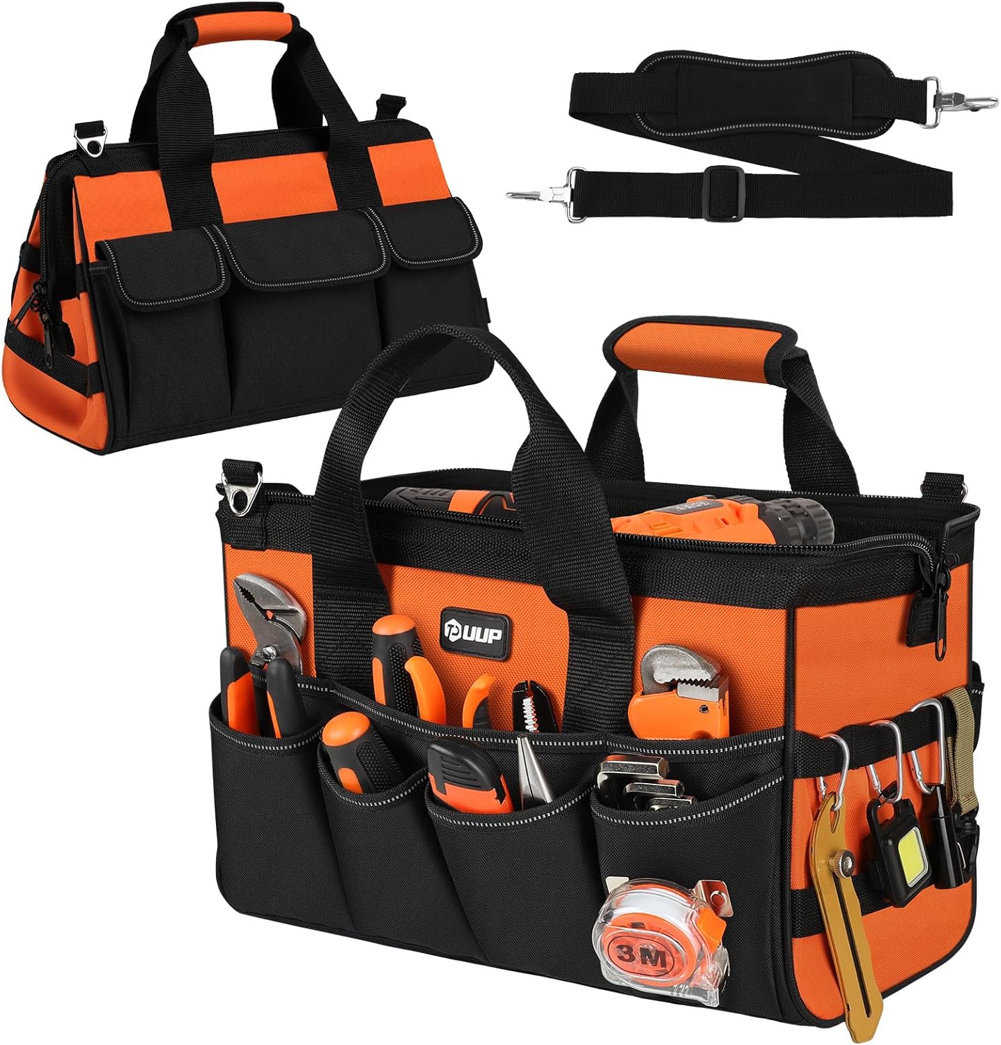 UUP Heavy Duty Tool Bag 15-Inch, 16-Pocket Portable Empty Tool Box Organizer, Big Storage Toolbox Organization, Soft Handle Large Zipper Carrying Toolbag, Father Day Gifts for Him Dad Men, Green