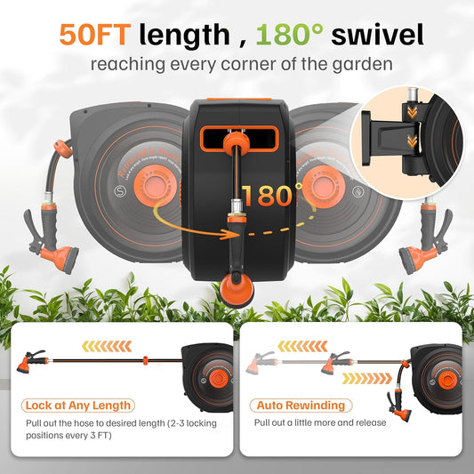 Mars Villa Retractable Garden Hose Reel 1/2 IN x 50 FT, Wall Mounted Heavy Duty Water Hose for Outside, Auto-Rewind & Any Length Lock, 180° Swivel Bracket, Slow Return, 10 Spray Patterns, UV-Resistant