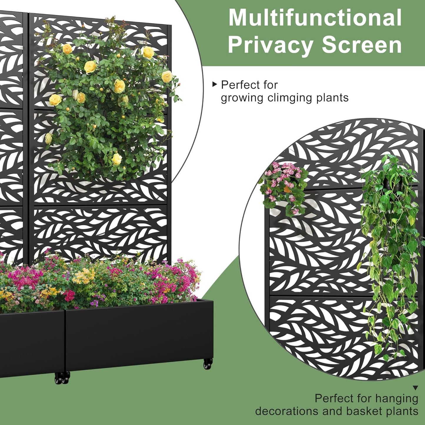 Casaphoria Metal Raised Garden Bed with Trellis and Wheels, 72"x47"x16" Planter Box for Climbing Plants, Vegetables & Vines, Features Drainage Holes and Privacy Screen (Black-Louver) - Colors D