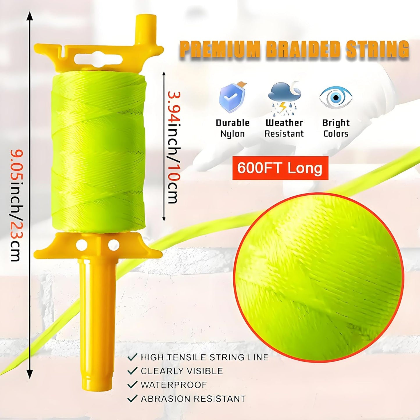 Reloadable Line Reel,Mason Line String line with Handle, 600 Ft Length Nylon Twine,18 Braided Nylon String for Gardening Or Masonry Tools,Outdoor Kite，Twine String for Gardening Fluorescent Yellow