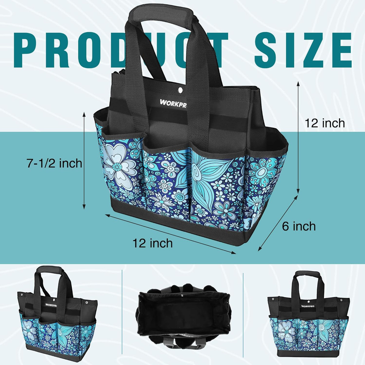 WORKPRO Garden Tool Bag, 9 Pockets Gardening Bag, Heavy Duty Oxford Garden Tote Caddy (Tools NOT Included), 12" x 12" x 6" (Floral White)