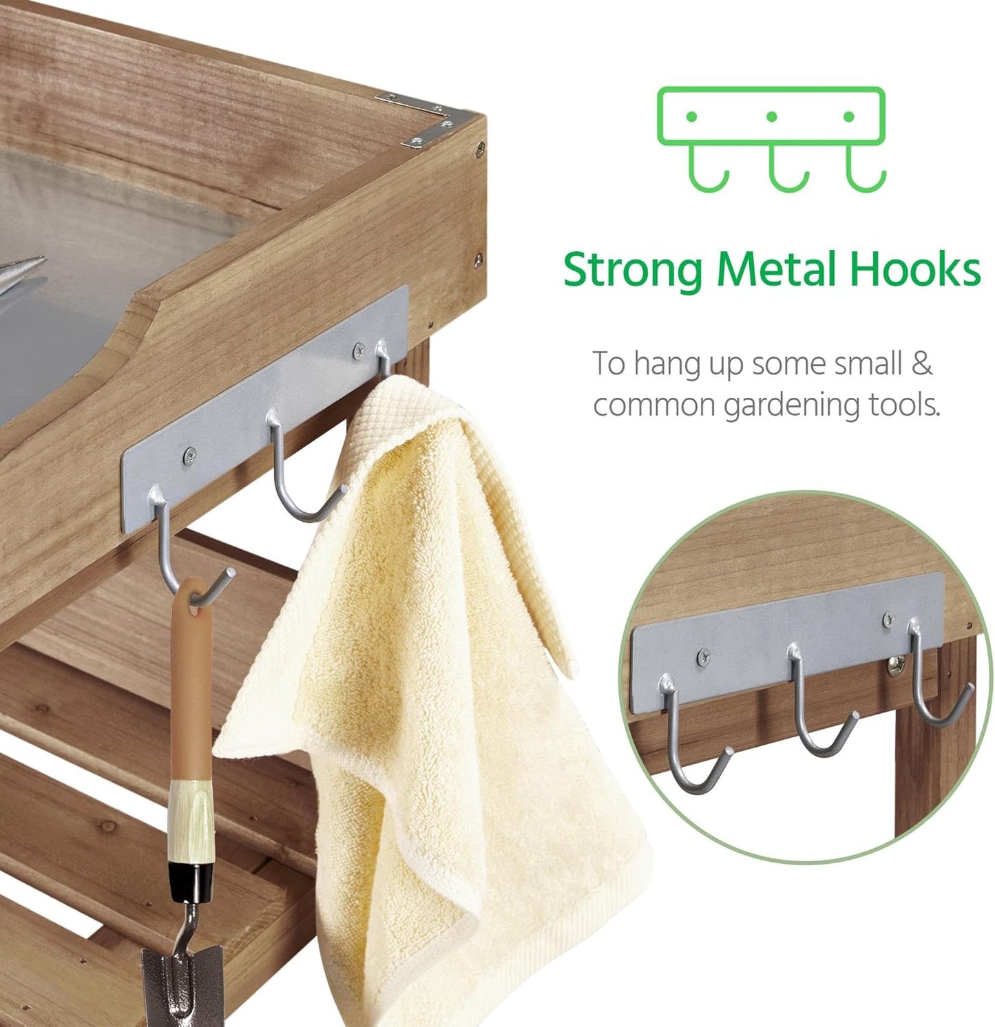Yaheetech Outdoor Garden Potting Bench Table Wooden Horticulture Planting Worstation w/Metal Tabletop/Storage Shelf/3 Hooks, Natural Wood