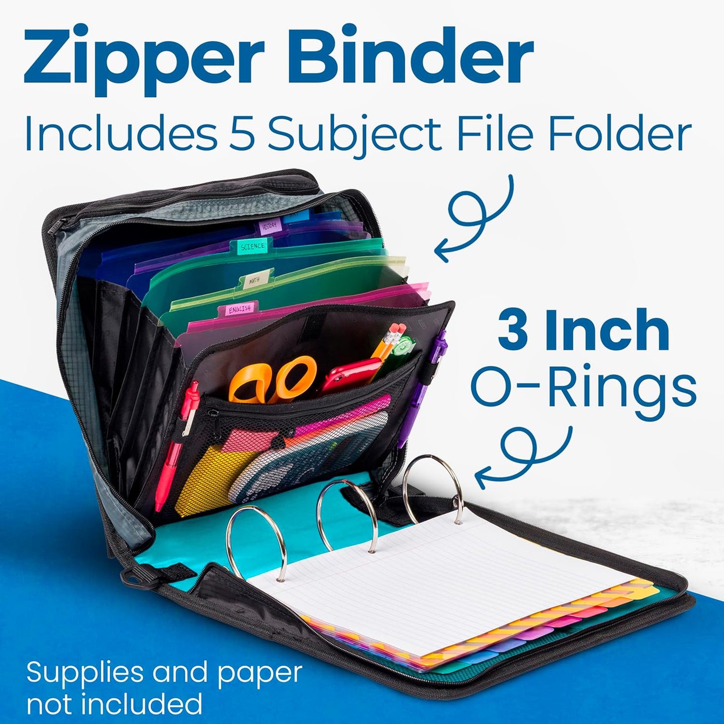 School Zipper Binder | 3-Inch O-Rings | 600-Sheet | D-146 Key Lime