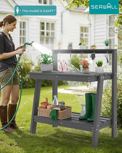 SERWALL Outdoor Potting Bench with Removeable Sink,Rot-Resistant HDPE Potting Table for Outside Gardening, All Weather Use - Gray