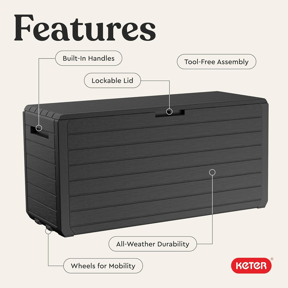 Keter Marvel Plus 71 Gallon Resin Outdoor Storage Box for Patio Furniture Cushions, Throw Pillows, Garden Tools and Pool Floats, Brown