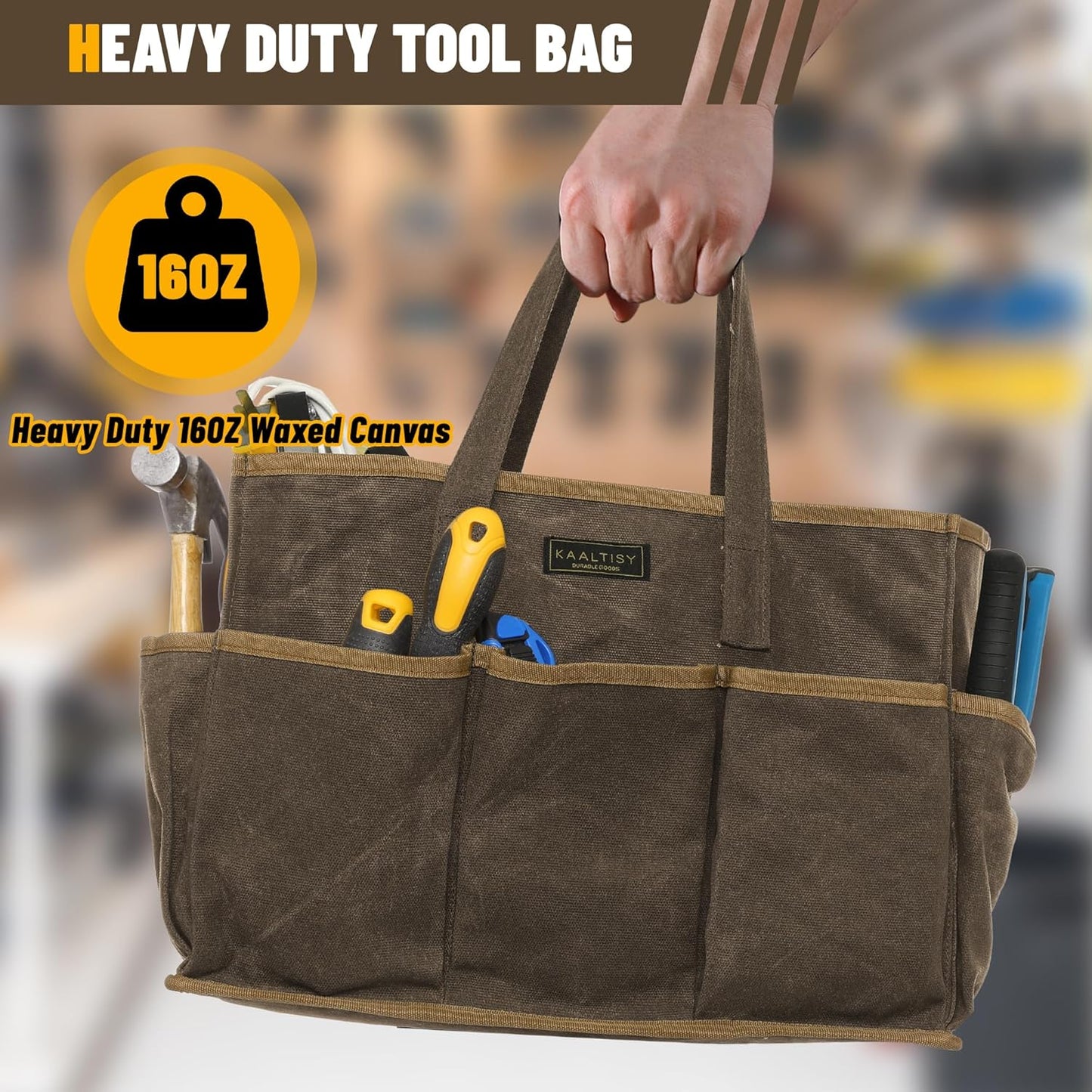 Tool Tote Bag, Heavy Duty 16oz Waxed Canvas Garden Tool Bag | Portable 11-Pocket Tool Storage Bag for Gardener Electrician Contractor Repairman (14"L x 5.5"W x 10.5"H) – Army Green