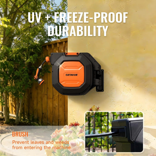 Retractable Garden Hose Reel 5/8 inch x 100 ft,Wall Mounted Heavy Duty Garden Hose Reel with 180°Swivel Bracket,Upgraded 10 Pattern Nozzle/Slow Return System(Black)