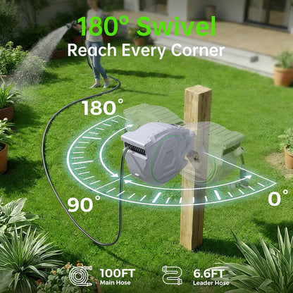 100 FT x 1/2 Inch Retractable Garden Hose Reel for Garden Watering
