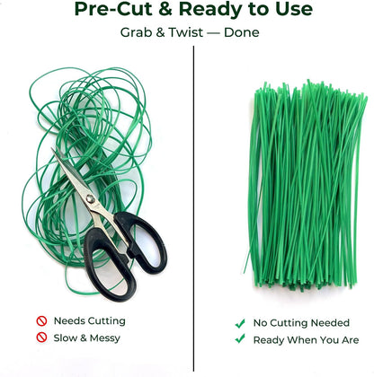 Green 6" Twist Ties (500 Pack) - Pre-Cut Garden Plant Ties in Self-Sealing Bag, Sturdy PET & 0.45mm Iron Core, Heavy Duty Reusable Ties for Tomato, Monstera, Vines and Cords