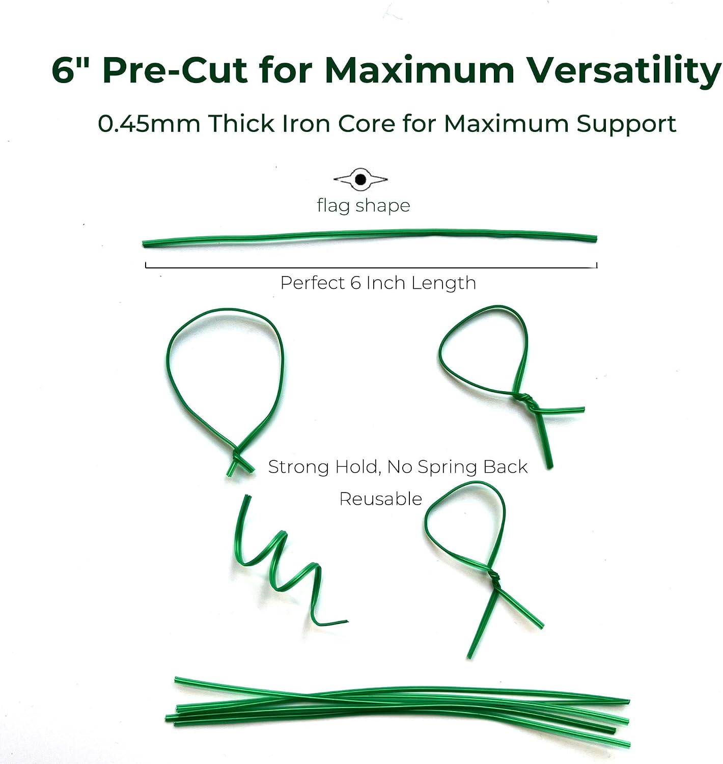 Green 6" Twist Ties (500 Pack) - Pre-Cut Garden Plant Ties in Self-Sealing Bag, Sturdy PET & 0.45mm Iron Core, Heavy Duty Reusable Ties for Tomato, Monstera, Vines and Cords