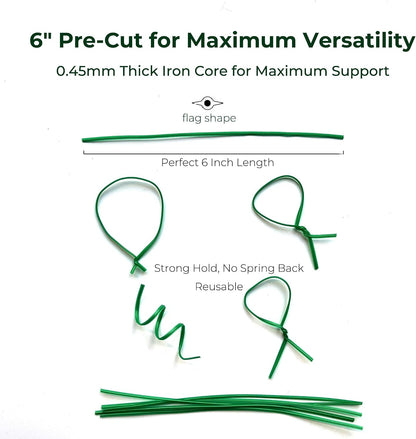 Green 6" Twist Ties (500 Pack) - Pre-Cut Garden Plant Ties in Self-Sealing Bag, Sturdy PET & 0.45mm Iron Core, Heavy Duty Reusable Ties for Tomato, Monstera, Vines and Cords