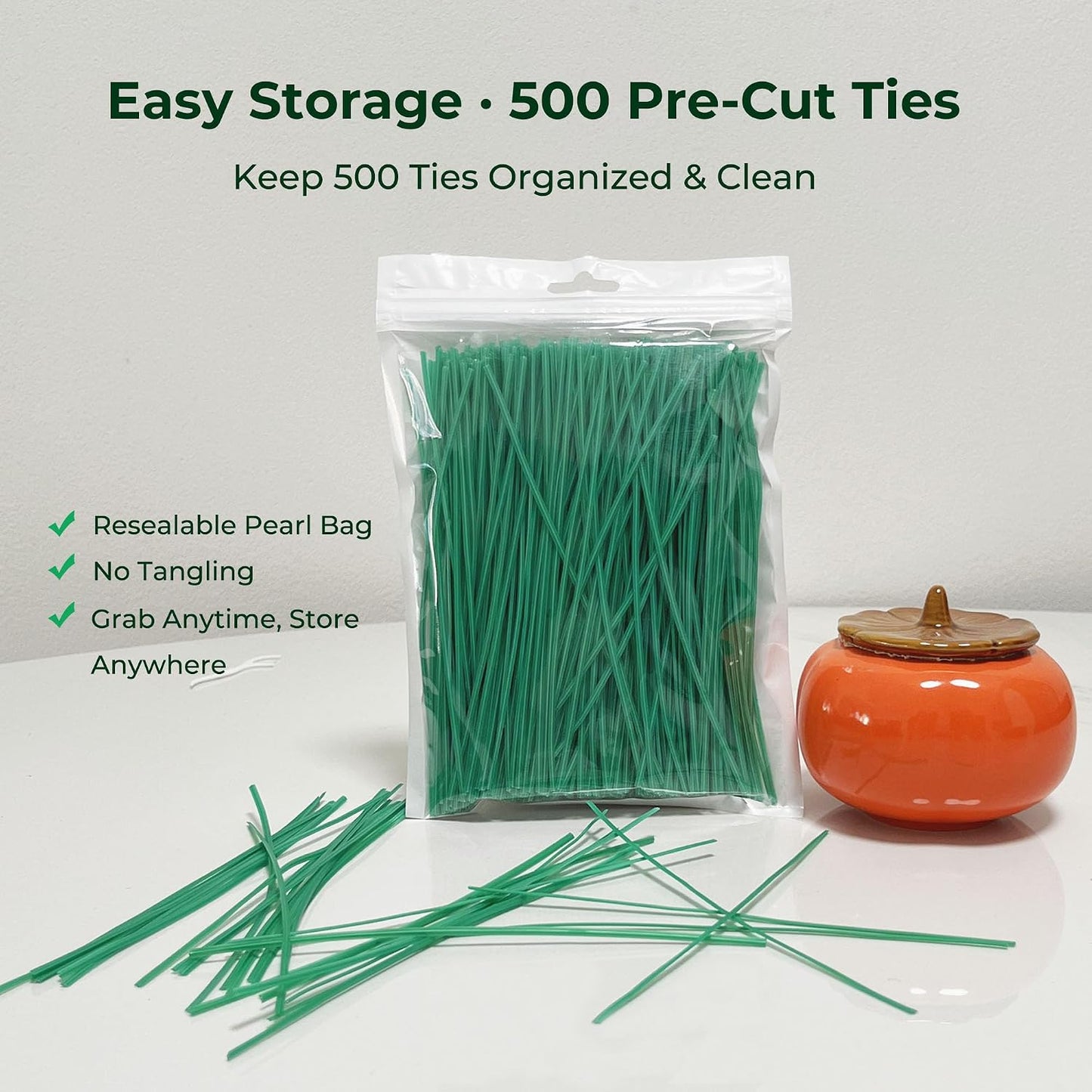 Green 6" Twist Ties (500 Pack) - Pre-Cut Garden Plant Ties in Self-Sealing Bag, Sturdy PET & 0.45mm Iron Core, Heavy Duty Reusable Ties for Tomato, Monstera, Vines and Cords