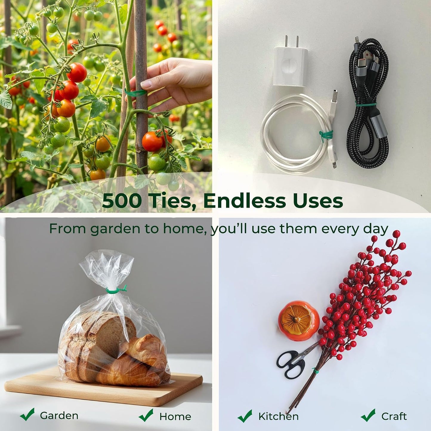 Green 6" Twist Ties (500 Pack) - Pre-Cut Garden Plant Ties in Self-Sealing Bag, Sturdy PET & 0.45mm Iron Core, Heavy Duty Reusable Ties for Tomato, Monstera, Vines and Cords
