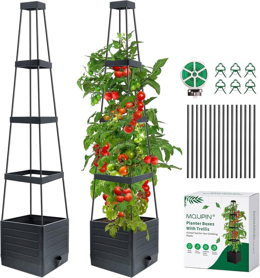 2 Pack Tomato Planter with Trellis, 57" Self-Watering Raised Garden Bed Planter Box for Climbing Plants Vine Flowers Vegetables, Tomato Cage for Indoor Outdoor Patio Greenhouse