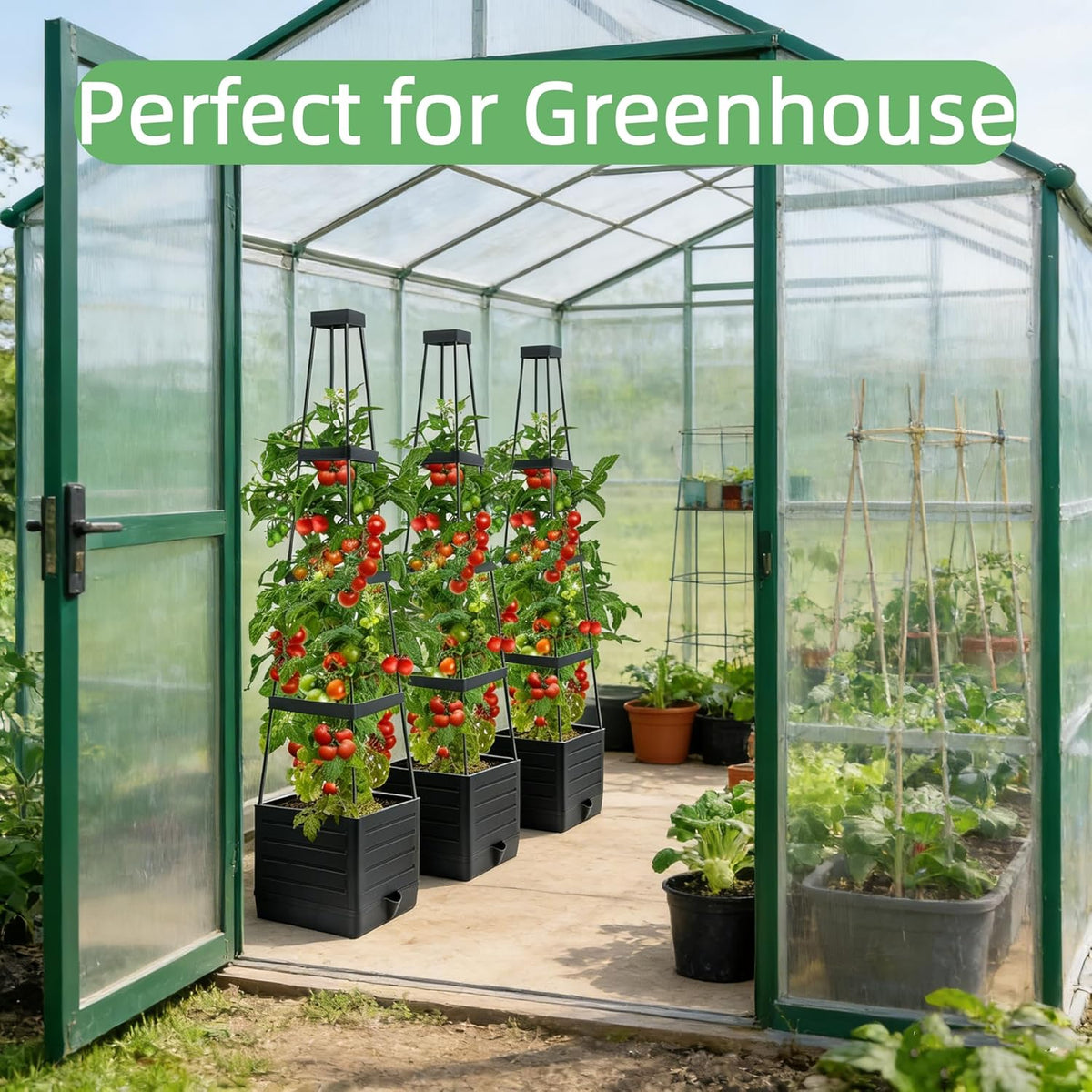 2 Pack Tomato Planter with Trellis, 57" Self-Watering Raised Garden Bed Planter Box for Climbing Plants Vine Flowers Vegetables, Tomato Cage for Indoor Outdoor Patio Greenhouse