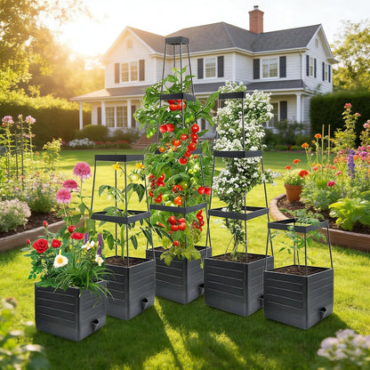 2 Pack Tomato Planter with Trellis, 57" Self-Watering Raised Garden Bed Planter Box for Climbing Plants Vine Flowers Vegetables, Tomato Cage for Indoor Outdoor Patio Greenhouse
