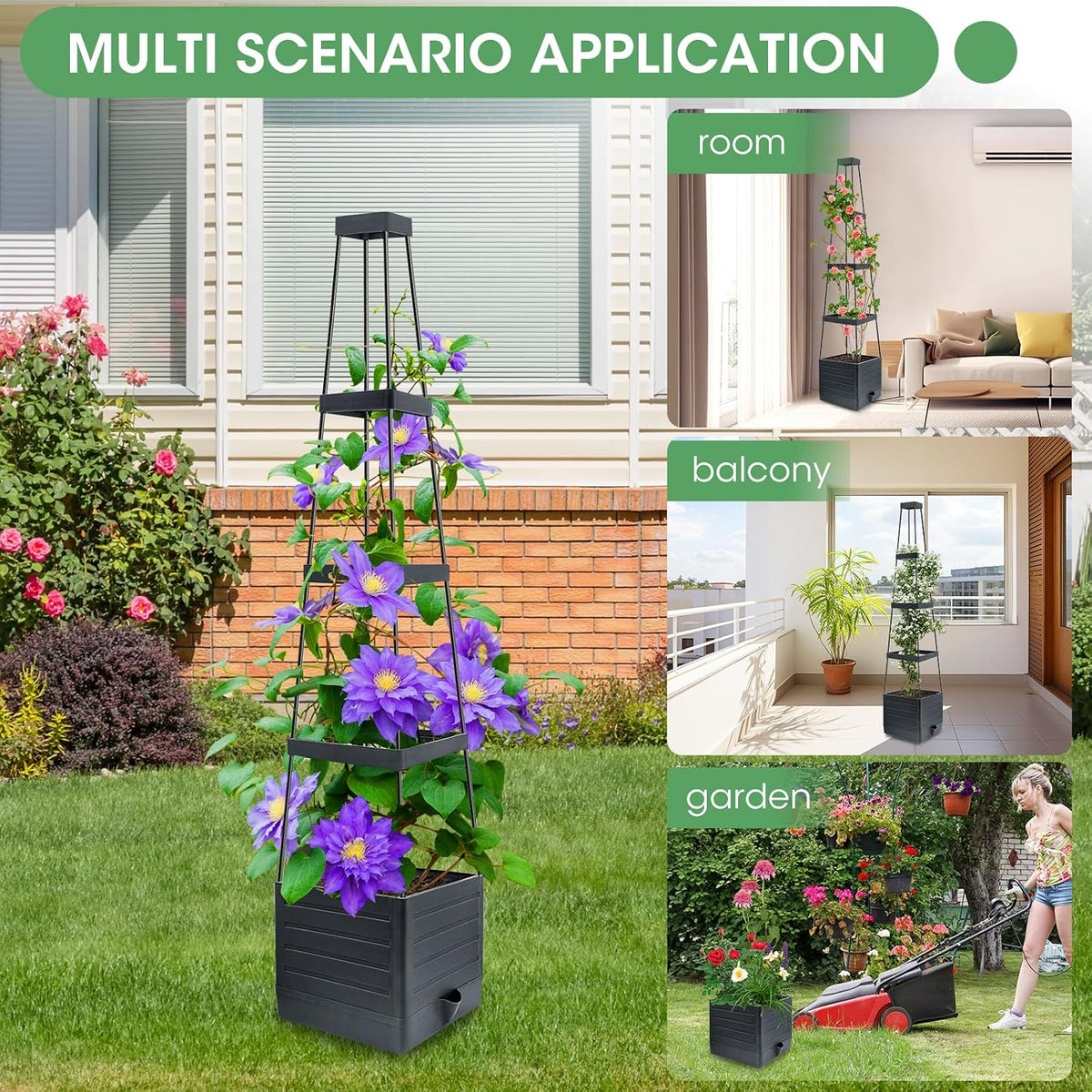 2 Pack Tomato Planter with Trellis, 57" Self-Watering Raised Garden Bed Planter Box for Climbing Plants Vine Flowers Vegetables, Tomato Cage for Indoor Outdoor Patio Greenhouse
