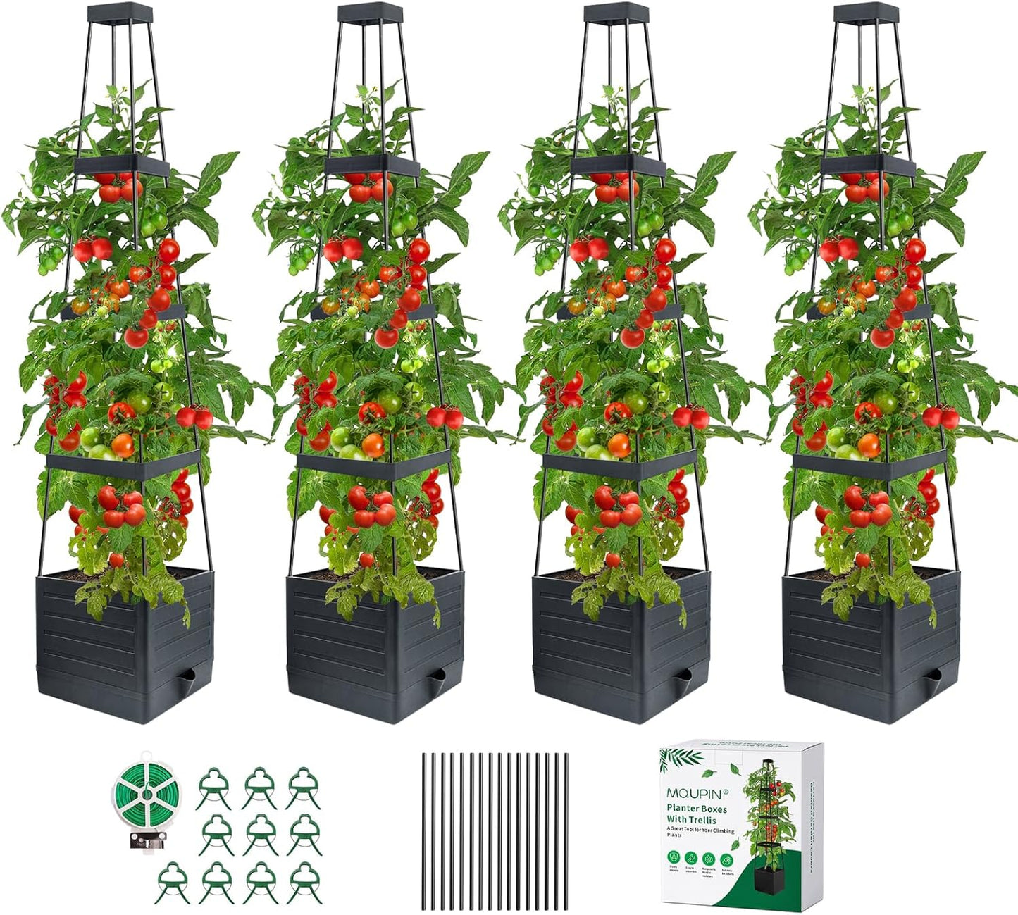 2 Pack Tomato Planter with Trellis, 57" Self-Watering Raised Garden Bed Planter Box for Climbing Plants Vine Flowers Vegetables, Tomato Cage for Indoor Outdoor Patio Greenhouse