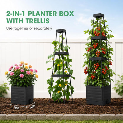 2 Pack Tomato Planter with Trellis, 57" Self-Watering Raised Garden Bed Planter Box for Climbing Plants Vine Flowers Vegetables, Tomato Cage for Indoor Outdoor Patio Greenhouse