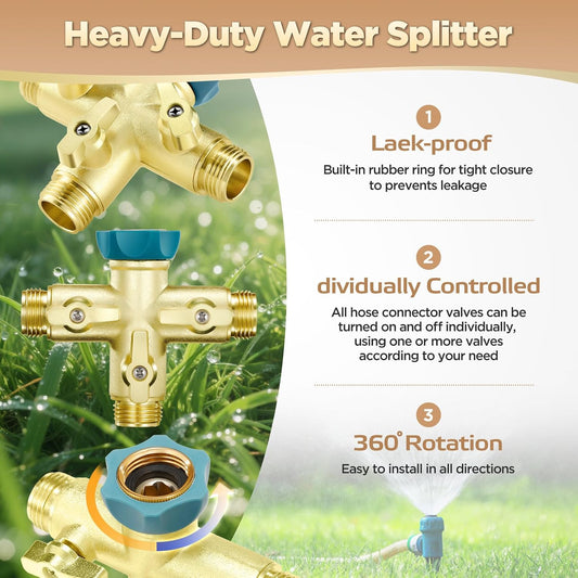 3 Way 1.2MPa High Flow Heavy Duty Garden Hose Splitter, 3/4" Spigot Faucet Connectors with 6 Rubber Hose Washers and Comfort Grip Use, Hose Pipe Tap Splitter for Garden Outdoor Home