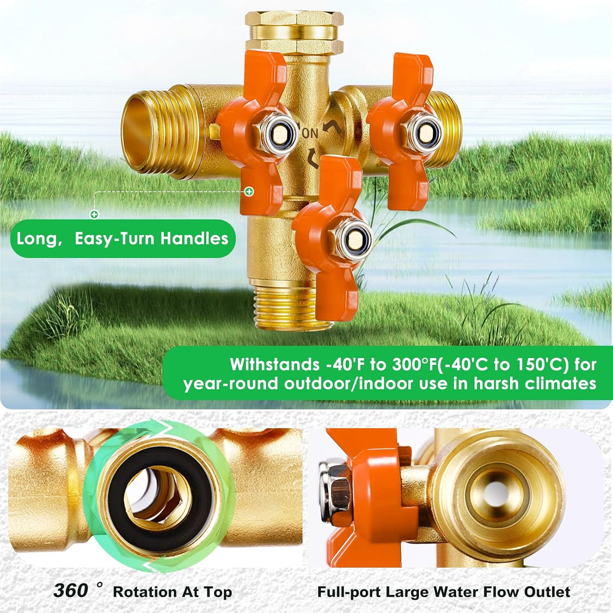 3 Way 1.2MPa High Flow Heavy Duty Garden Hose Splitter, 3/4" Spigot Faucet Connectors with 6 Rubber Hose Washers and Comfort Grip Use, Hose Pipe Tap Splitter for Garden Outdoor Home