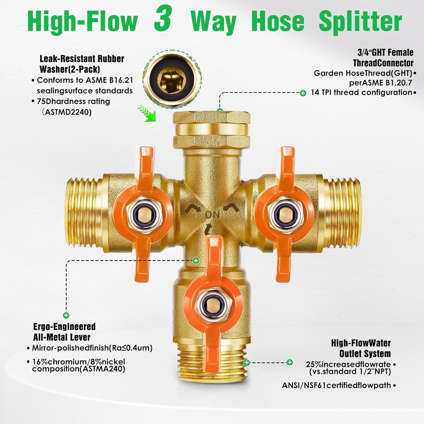 3 Way 1.2MPa High Flow Heavy Duty Garden Hose Splitter, 3/4" Spigot Faucet Connectors with 6 Rubber Hose Washers and Comfort Grip Use, Hose Pipe Tap Splitter for Garden Outdoor Home