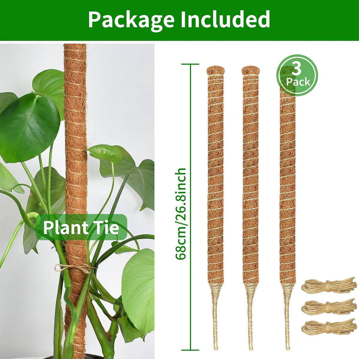 2 Pack Moss Pole, 26.8-Inch Moss Poles for Plants Monstera,Bendable Plant Support Stakes for Climbing Plants Indoor, Garden Trellis Plant Stick for Potted Plants, Pothos Philodendron