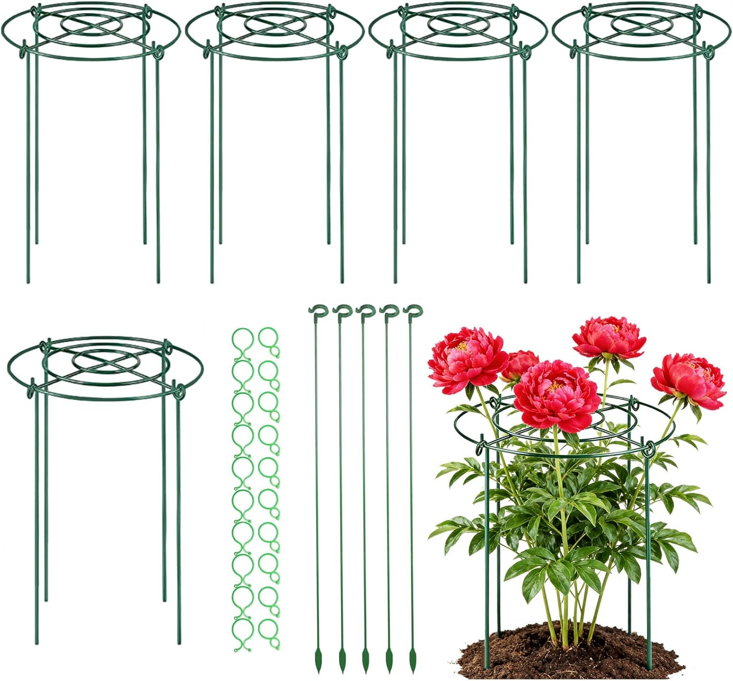 5 Pack Metal Peony Cages and Supports with 20 Plant Twist Clip Ties, Plant Support Stakes for Indoor Outdoor Plants, Tall Plant Holder Stick Kit, Plant Support Ring for Peony, Rose,Tomato, Hydrangea