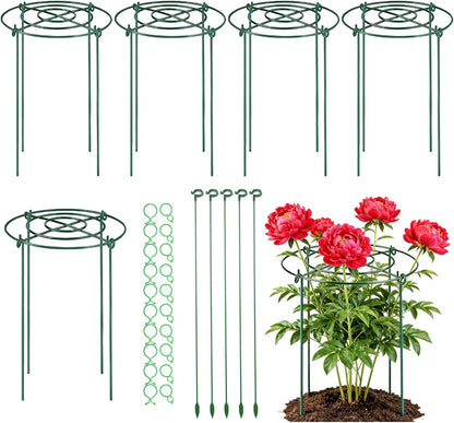 5 Pack Metal Peony Cages and Supports with 20 Plant Twist Clip Ties, Plant Support Stakes for Indoor Outdoor Plants, Tall Plant Holder Stick Kit, Plant Support Ring for Peony, Rose,Tomato, Hydrangea