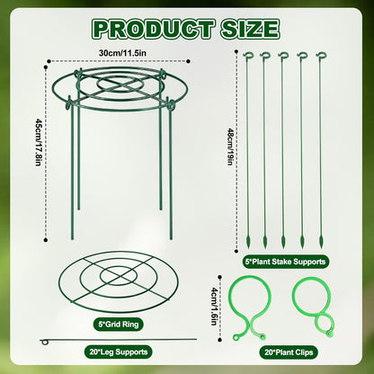 5 Pack Metal Peony Cages and Supports with 20 Plant Twist Clip Ties, Plant Support Stakes for Indoor Outdoor Plants, Tall Plant Holder Stick Kit, Plant Support Ring for Peony, Rose,Tomato, Hydrangea