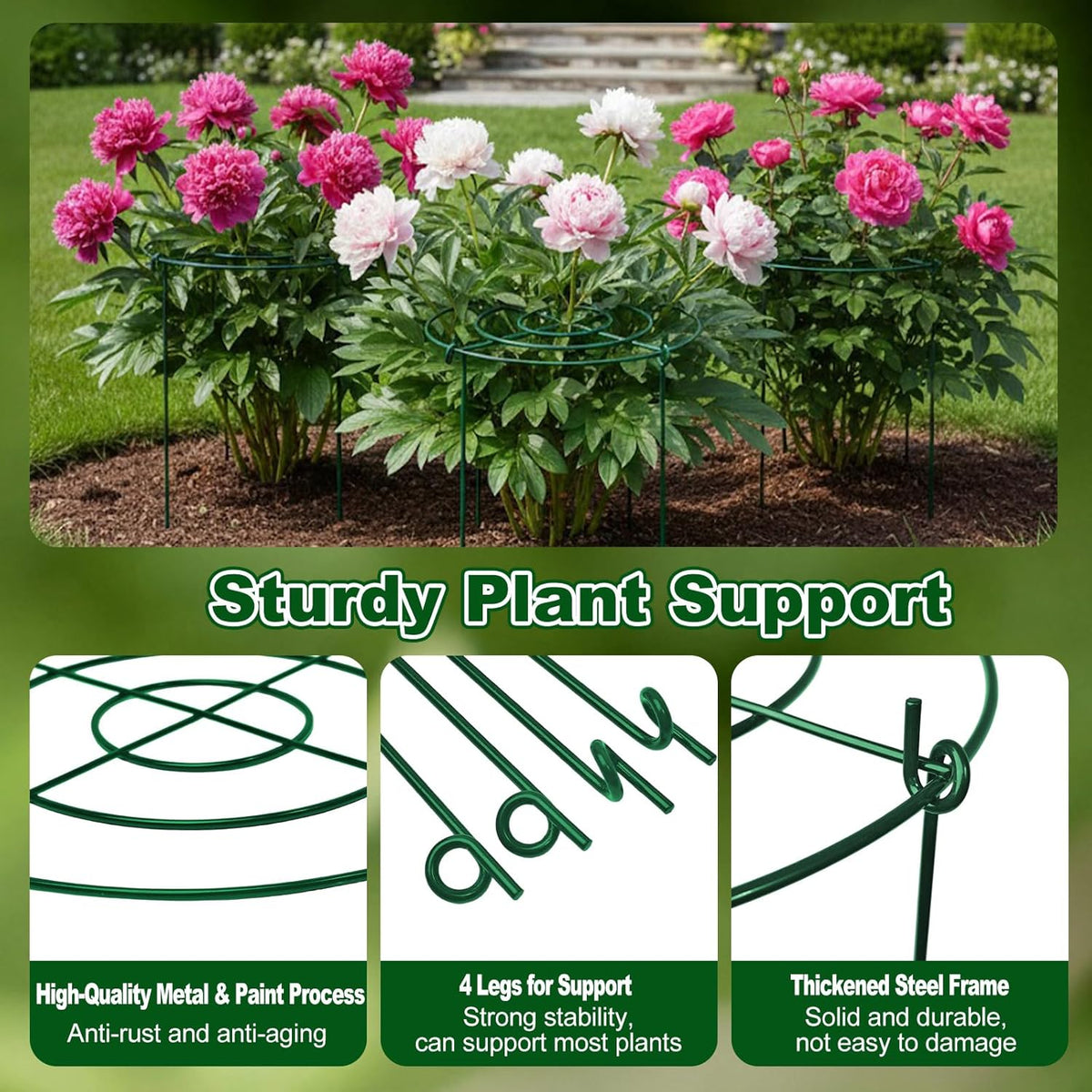 5 Pack Metal Peony Cages and Supports with 20 Plant Twist Clip Ties, Plant Support Stakes for Indoor Outdoor Plants, Tall Plant Holder Stick Kit, Plant Support Ring for Peony, Rose,Tomato, Hydrangea