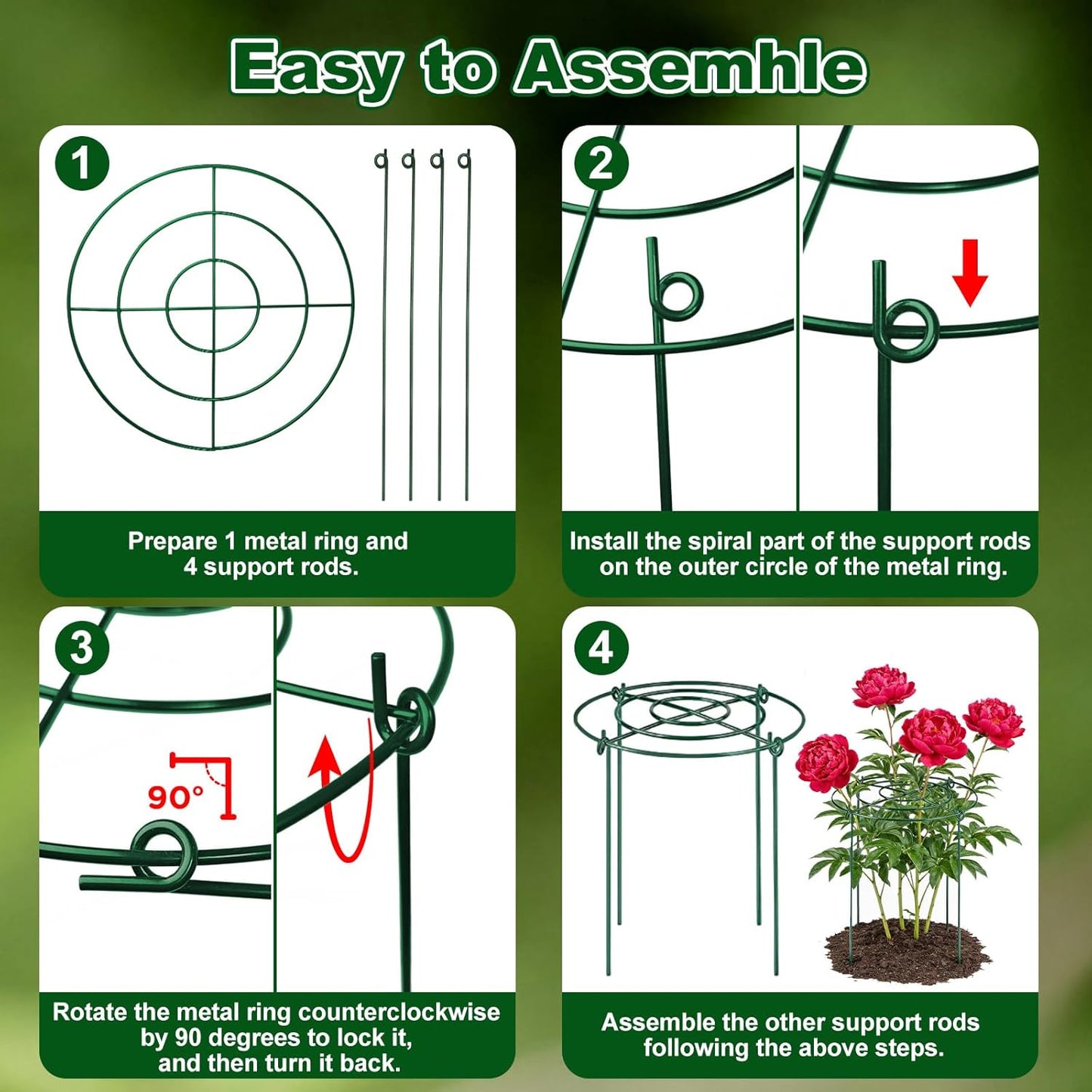 5 Pack Metal Peony Cages and Supports with 20 Plant Twist Clip Ties, Plant Support Stakes for Indoor Outdoor Plants, Tall Plant Holder Stick Kit, Plant Support Ring for Peony, Rose,Tomato, Hydrangea