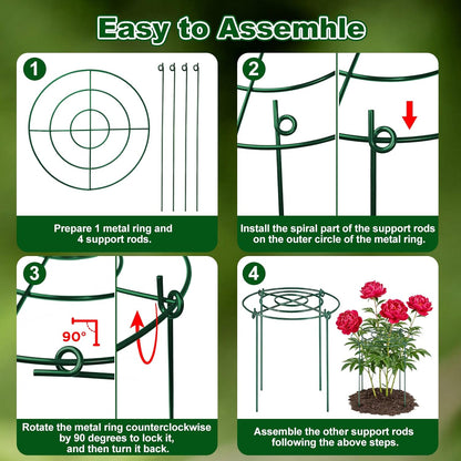 5 Pack Metal Peony Cages and Supports with 20 Plant Twist Clip Ties, Plant Support Stakes for Indoor Outdoor Plants, Tall Plant Holder Stick Kit, Plant Support Ring for Peony, Rose,Tomato, Hydrangea