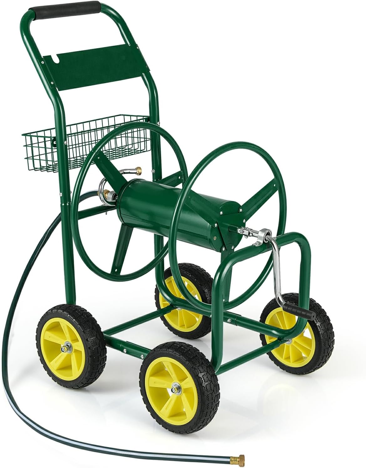 Moccha Hose Reel Cart, Hold Up to 300 FT of 5/8", Heavy-Duty Garden Water Hose Carts with 4 Wheels & Storage Basket for Outside Yard, Outdoor Mobile Planting Tool (Green)