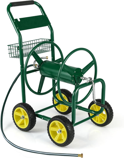 Moccha Hose Reel Cart, Hold Up to 300 FT of 5/8", Heavy-Duty Garden Water Hose Carts with 4 Wheels & Storage Basket for Outside Yard, Outdoor Mobile Planting Tool (Green)