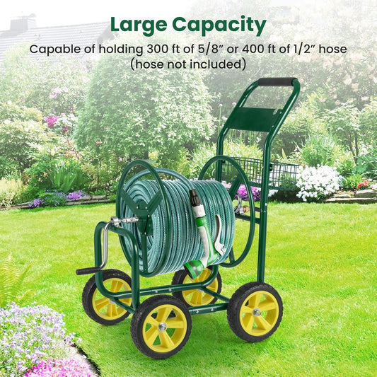 Moccha Hose Reel Cart, Hold Up to 300 FT of 5/8", Heavy-Duty Garden Water Hose Carts with 4 Wheels & Storage Basket for Outside Yard, Outdoor Mobile Planting Tool (Green)