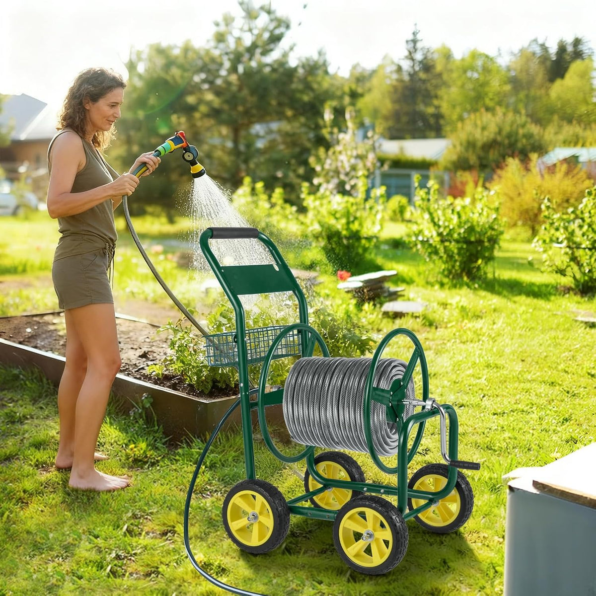 Moccha Hose Reel Cart, Hold Up to 300 FT of 5/8", Heavy-Duty Garden Water Hose Carts with 4 Wheels & Storage Basket for Outside Yard, Outdoor Mobile Planting Tool (Green)