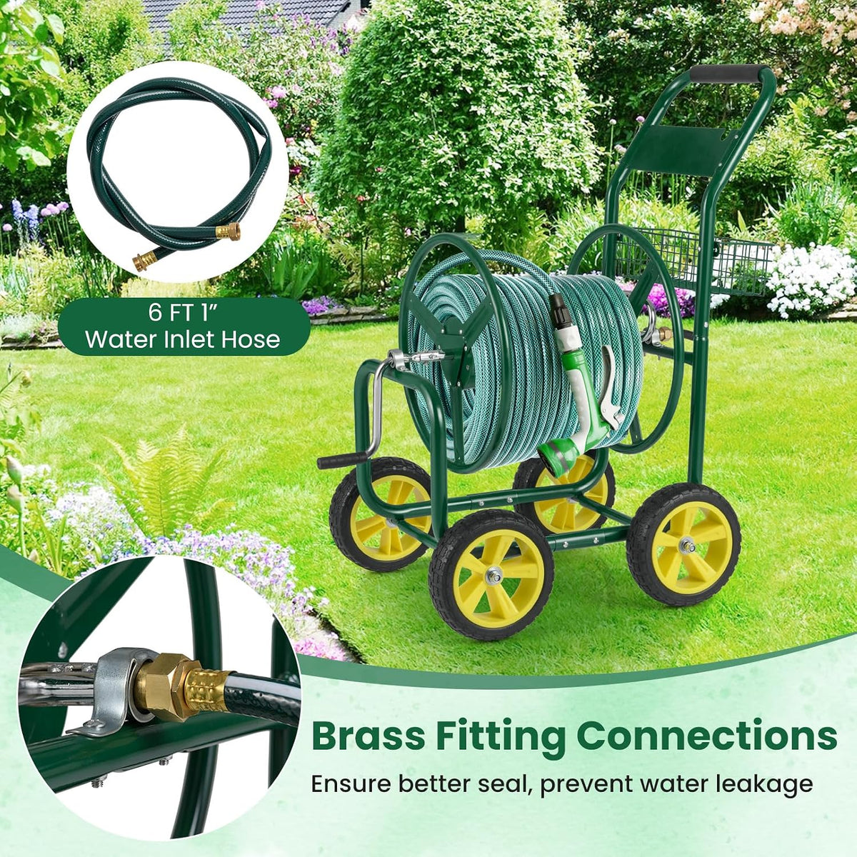 Moccha Hose Reel Cart, Hold Up to 300 FT of 5/8", Heavy-Duty Garden Water Hose Carts with 4 Wheels & Storage Basket for Outside Yard, Outdoor Mobile Planting Tool (Green)