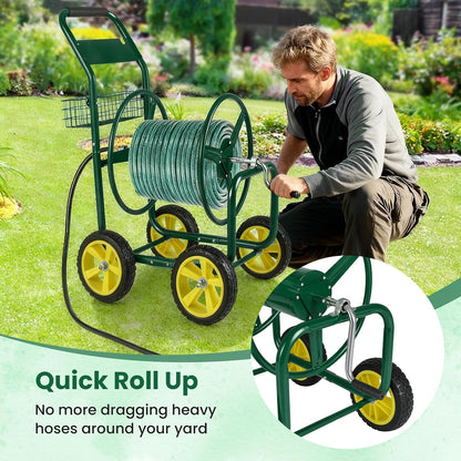 Moccha Hose Reel Cart, Hold Up to 300 FT of 5/8", Heavy-Duty Garden Water Hose Carts with 4 Wheels & Storage Basket for Outside Yard, Outdoor Mobile Planting Tool (Green)