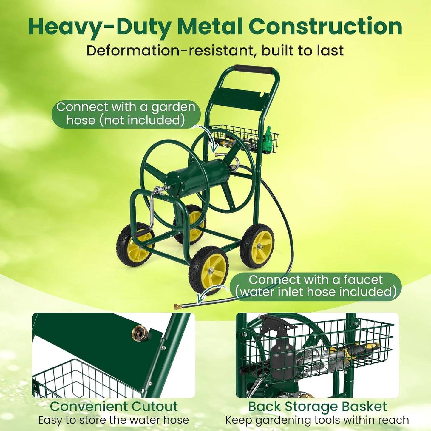 Moccha Hose Reel Cart, Hold Up to 300 FT of 5/8", Heavy-Duty Garden Water Hose Carts with 4 Wheels & Storage Basket for Outside Yard, Outdoor Mobile Planting Tool (Green)