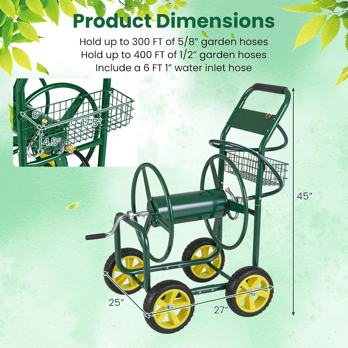 Moccha Hose Reel Cart, Hold Up to 300 FT of 5/8", Heavy-Duty Garden Water Hose Carts with 4 Wheels & Storage Basket for Outside Yard, Outdoor Mobile Planting Tool (Green)