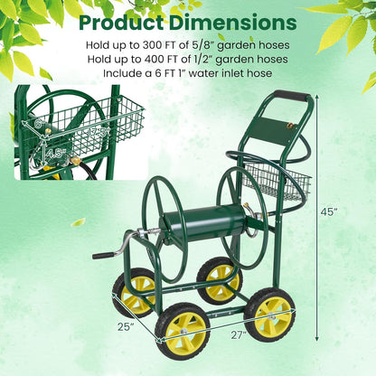 Moccha Hose Reel Cart, Hold Up to 300 FT of 5/8", Heavy-Duty Garden Water Hose Carts with 4 Wheels & Storage Basket for Outside Yard, Outdoor Mobile Planting Tool (Green)