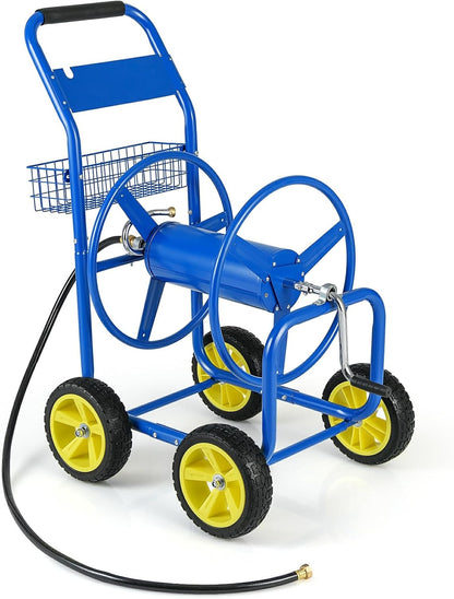 Moccha Hose Reel Cart, Hold Up to 300 FT of 5/8", Heavy-Duty Garden Water Hose Carts with 4 Wheels & Storage Basket for Outside Yard, Outdoor Mobile Planting Tool (Green)