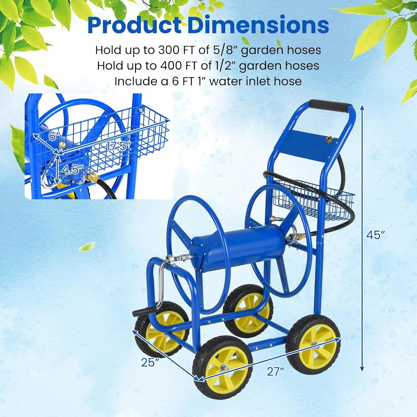 Moccha Hose Reel Cart, Hold Up to 300 FT of 5/8", Heavy-Duty Garden Water Hose Carts with 4 Wheels & Storage Basket for Outside Yard, Outdoor Mobile Planting Tool (Green)