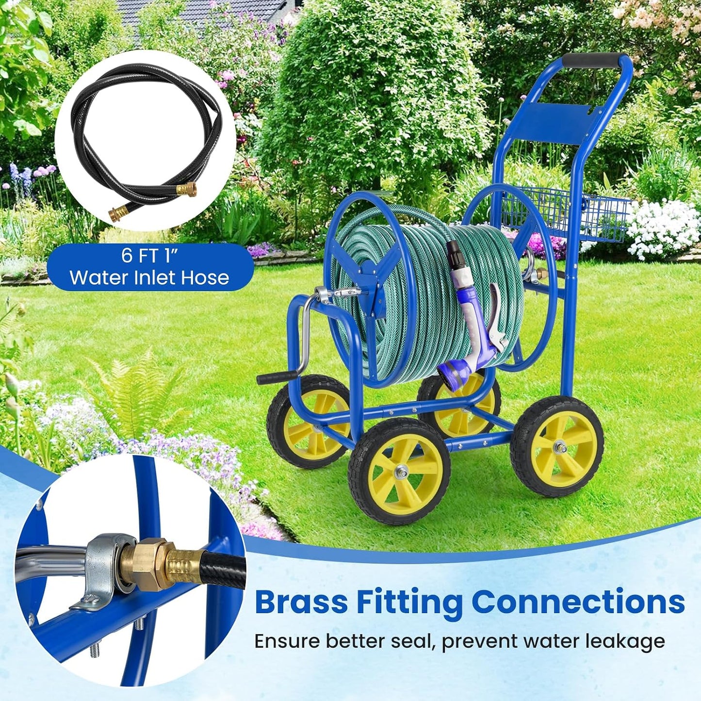 Moccha Hose Reel Cart, Hold Up to 300 FT of 5/8", Heavy-Duty Garden Water Hose Carts with 4 Wheels & Storage Basket for Outside Yard, Outdoor Mobile Planting Tool (Green)