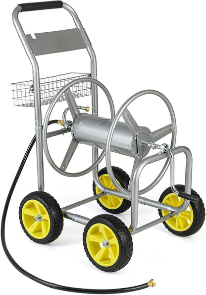 Moccha Hose Reel Cart, Hold Up to 300 FT of 5/8", Heavy-Duty Garden Water Hose Carts with 4 Wheels & Storage Basket for Outside Yard, Outdoor Mobile Planting Tool (Green)