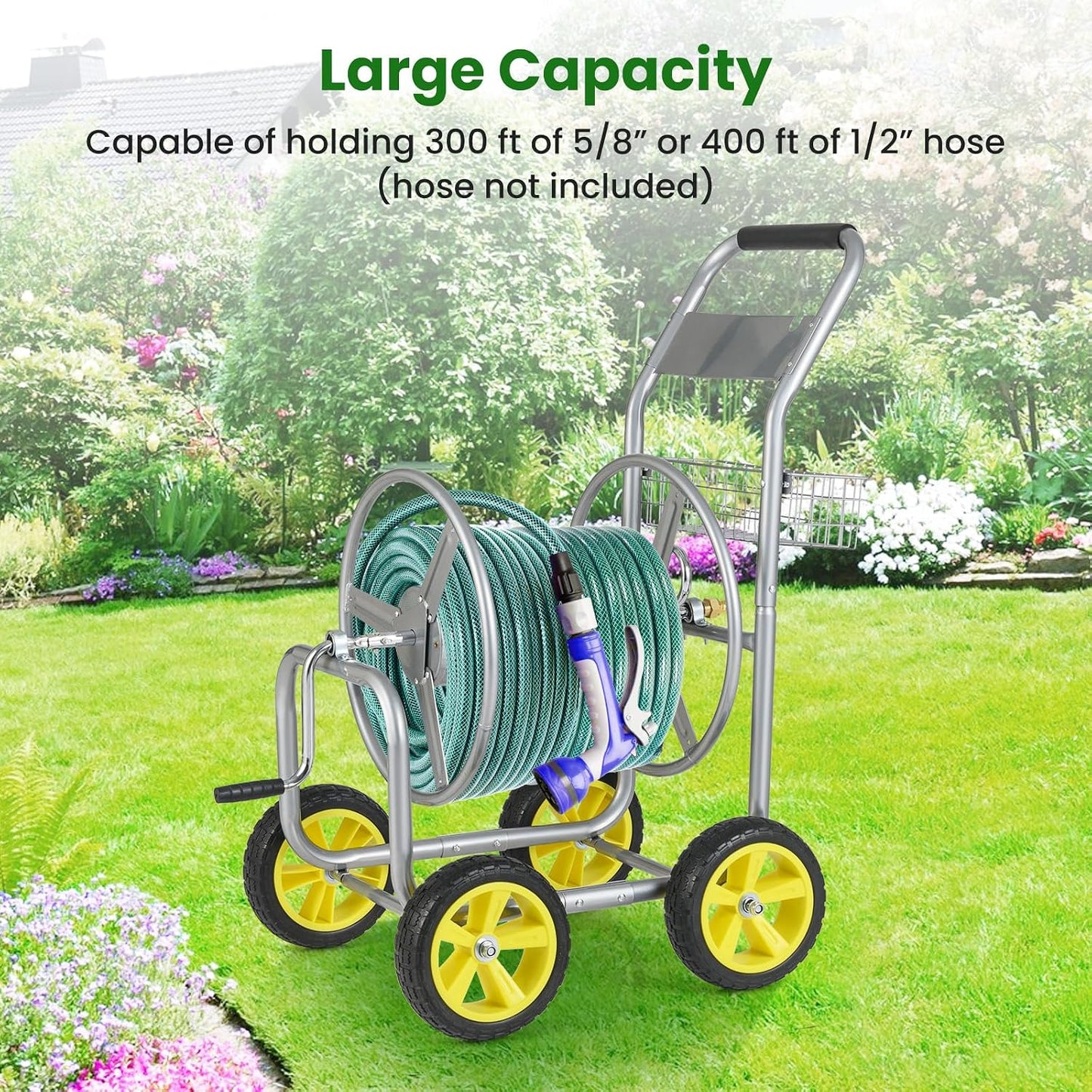 Moccha Hose Reel Cart, Hold Up to 300 FT of 5/8", Heavy-Duty Garden Water Hose Carts with 4 Wheels & Storage Basket for Outside Yard, Outdoor Mobile Planting Tool (Green)
