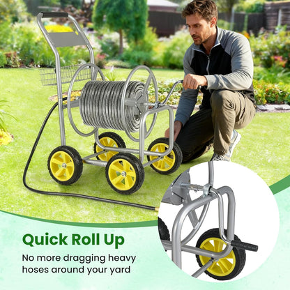 Moccha Hose Reel Cart, Hold Up to 300 FT of 5/8", Heavy-Duty Garden Water Hose Carts with 4 Wheels & Storage Basket for Outside Yard, Outdoor Mobile Planting Tool (Green)